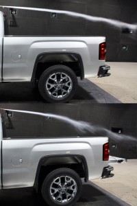 A truck tailgate's position -- up or down -- can affect the way air flows over the vehicle. This side-by-side photo shows air being disrupted with the tailgate down.